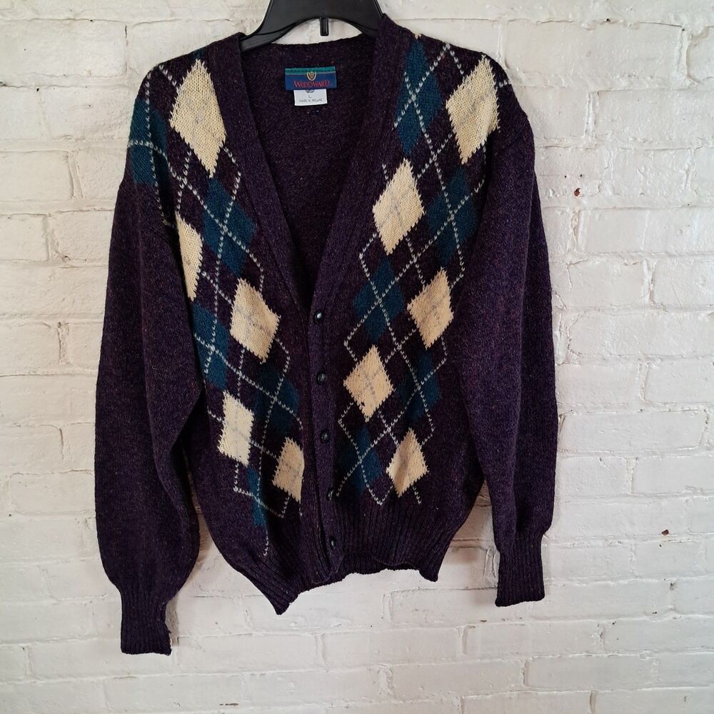 Mens Purple Grandpa Cardigan Woodward Size L 100% Wool Shetland Ireland Argyle